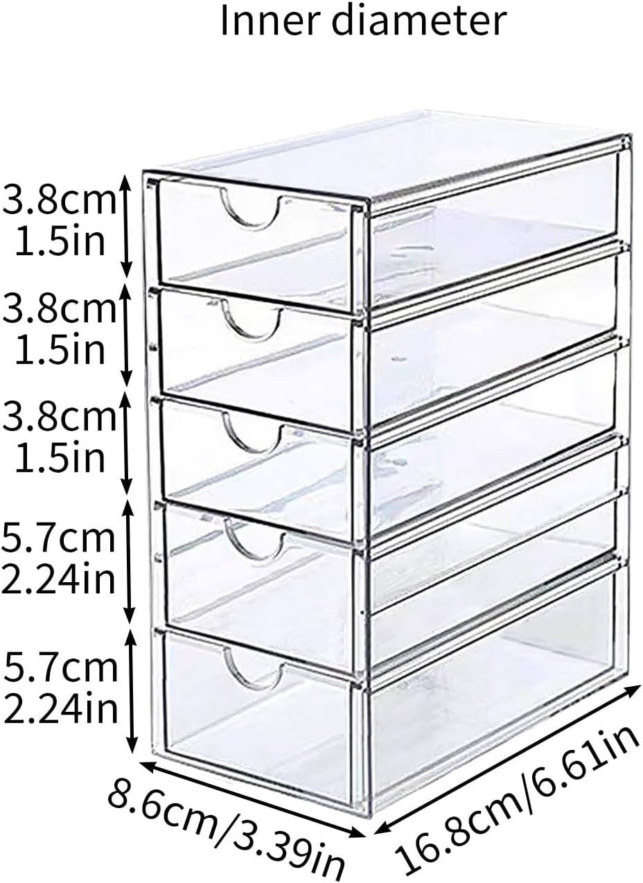 Clear Stackable Storage Drawer Box,Plastic Drawer Organizer,Clear Desktop Drawers Box with 5/6 Pull Out Drawer,Bathroom Makeup Organizer,Storage Drawer for Cabinet Bathroom (Five