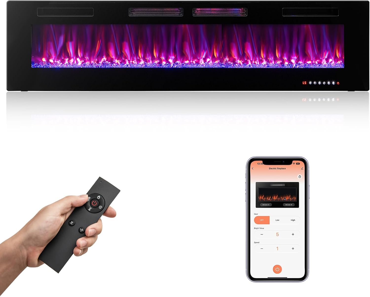 COSTWAY Ultra-Thin Smart WiFi Electric Fireplace 72-inch Wide, Compatible with Alexa & Google Assistant, 750W/1500W Fireplace Heater with 12 Flame and Flame Bed Colors, Remote/APP Control, Black