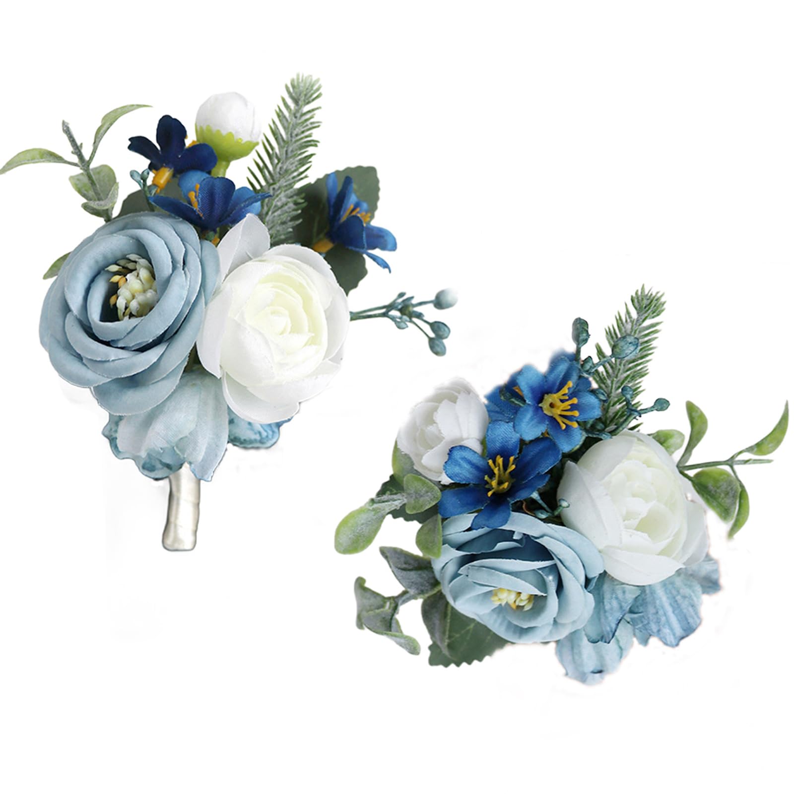 Floraest Wrist Corsages for Weddings Sets, 2PCS Corsages and Buttonholes for Wedding, Artificial Rose Flowers Boutonniere for Ceremony Prom Party Accessories (Blue)