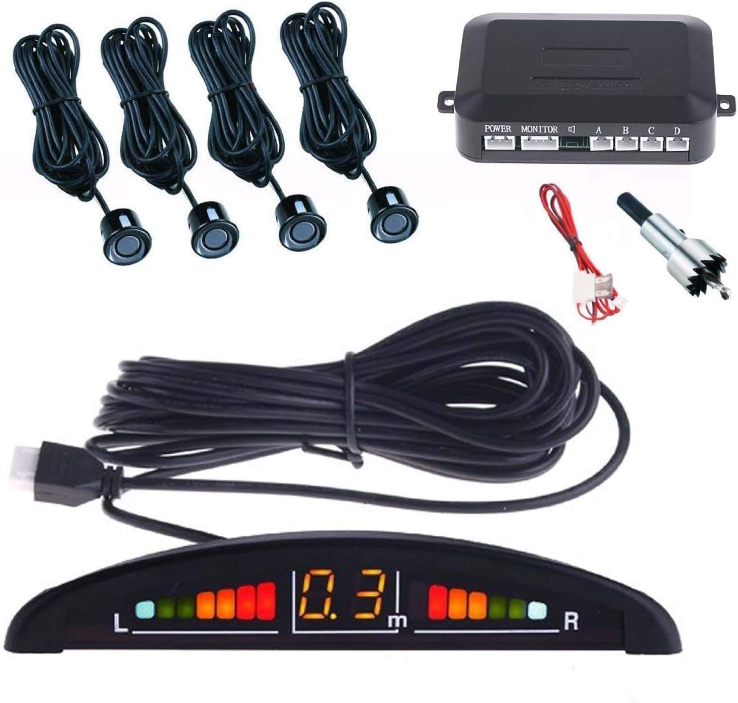 SQUADO Sensores de aparcamiento para coche, kit de 4 sensores de aparcamiento con pantalla de sonido LED LED acústico pintables, negro