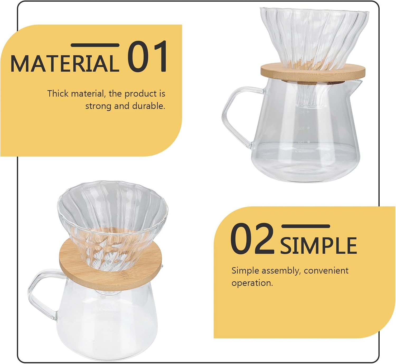 Angoily 1 Set Pour Over Coffee Maker with Filter Coffee Dripper Brewer Glass Coffee Pot High Decanter 600ml