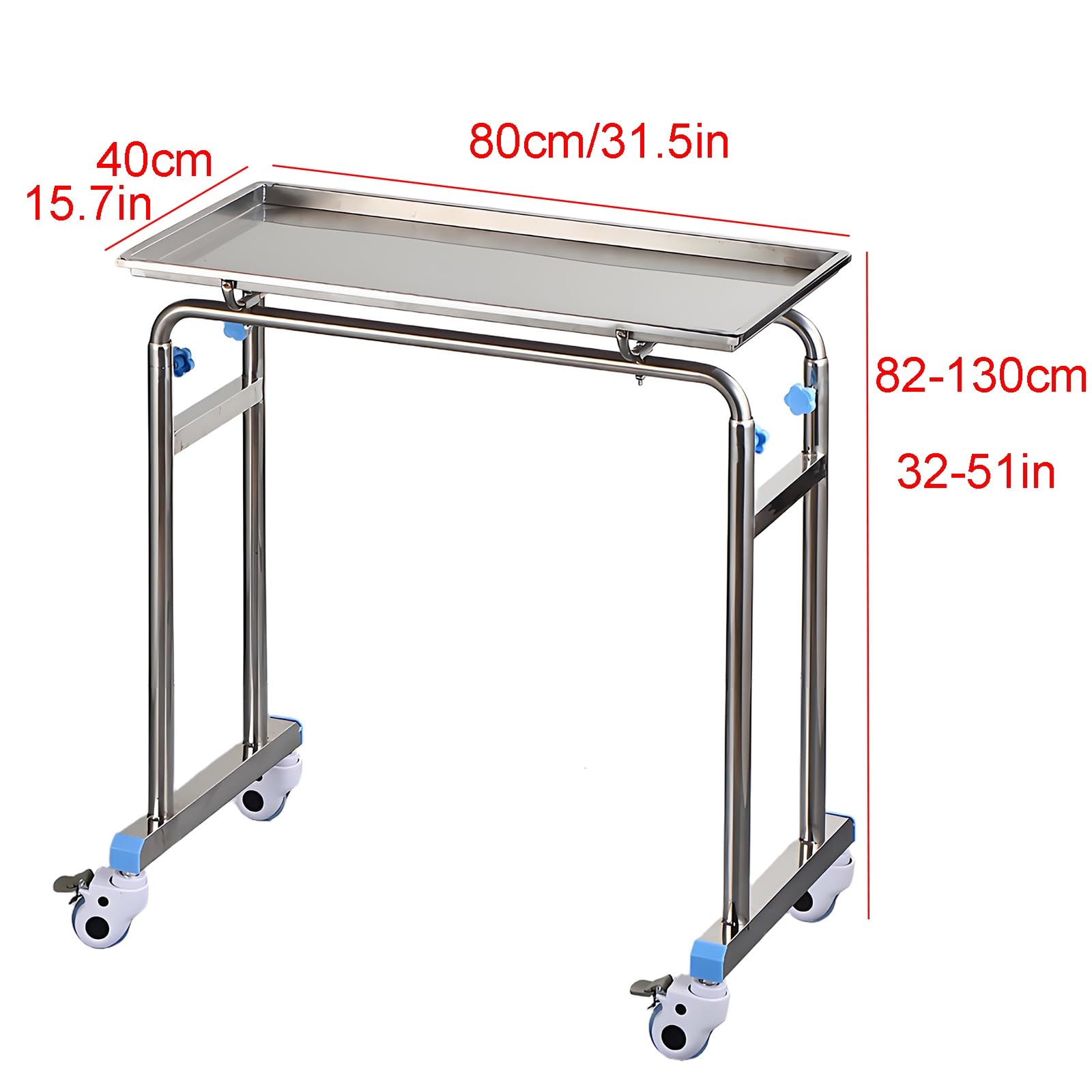 Carrello regolabile in acciaio inox con ruote e grande piano del tavolo, ideale per parrucchieri, cliniche dentistiche e parrucchieri