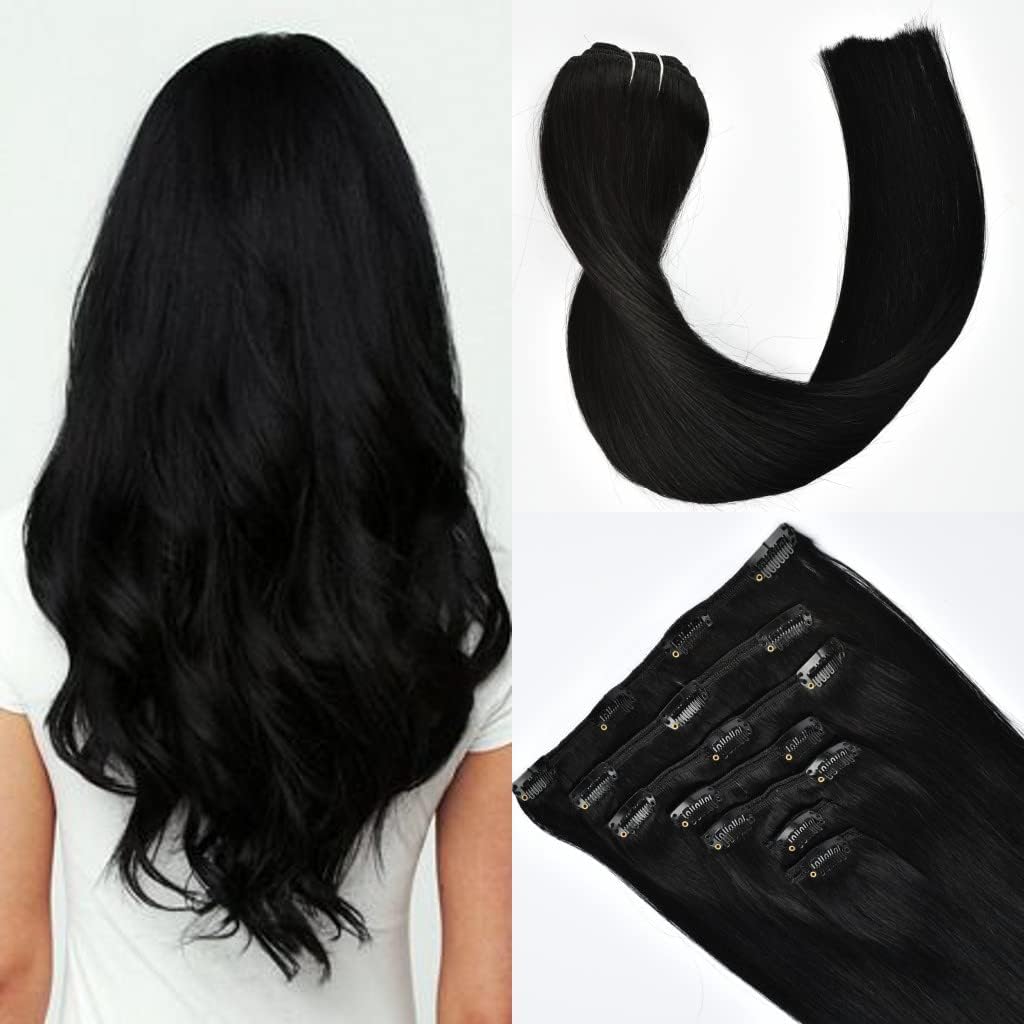 kun na HairSilky Straight Hair Extensions Clip In Real Hair 7PCS Clip In Human Hair Extension Double Drawn Weft For Full Head Real Hair Extensions 16Clips 120g/Set (18 Inch, #1 Jet Black)