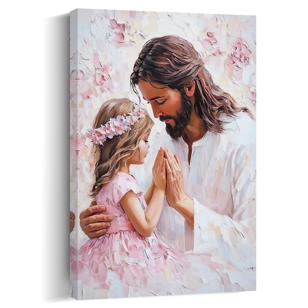 QIXIANG Religious Canvas Wall Art Jesus and Little Girl Prayer Picture Prints Pink Christian Painting Easter Christmas Gift Home Decor Framed(White,