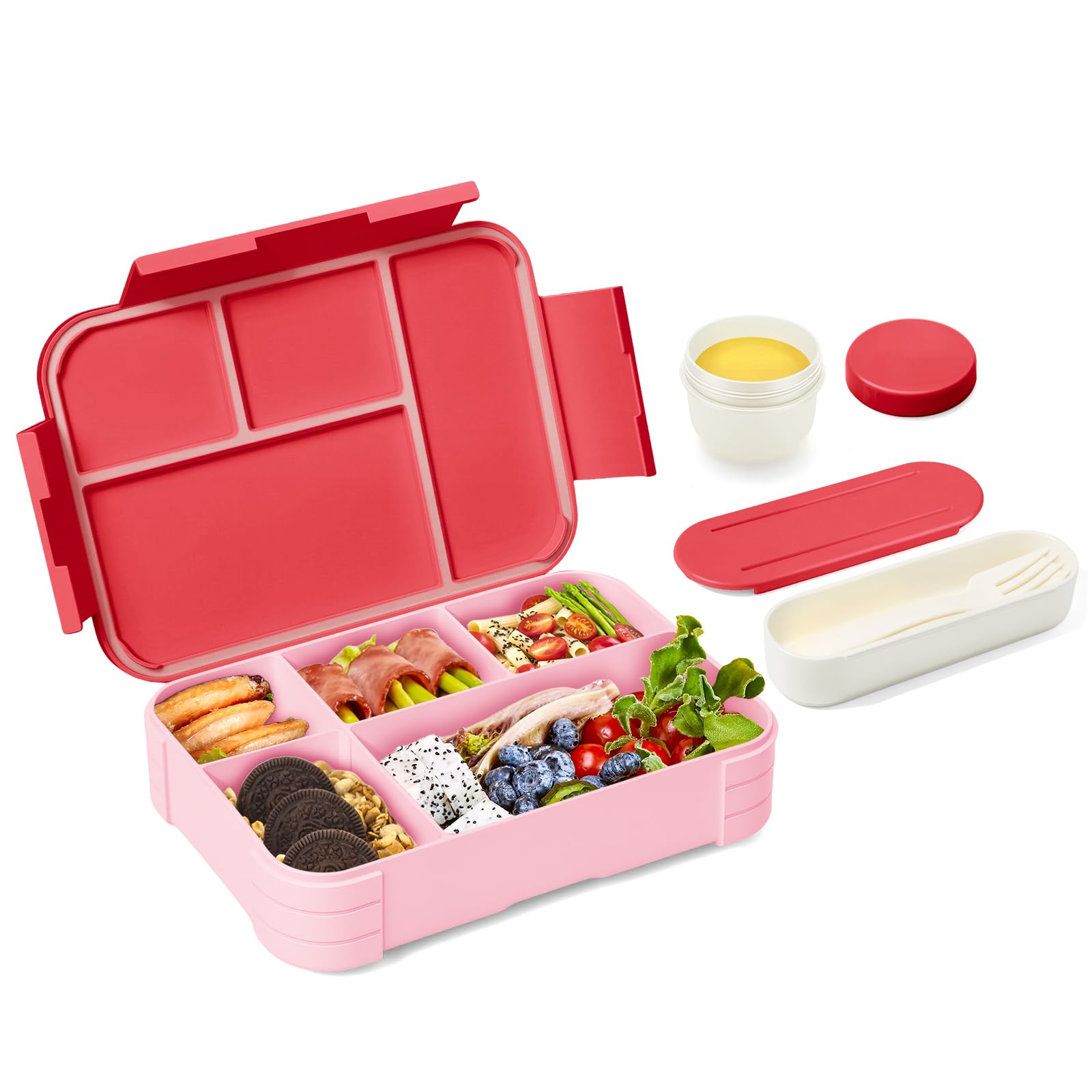 XJIANFU Brotdose Kinder mit Fächern,1200ml Auslaufsichere Bento-Box, Kinder-Lunchbox,Auslaufsicher Fächern,Jausenbox Brotbox für,Mädchen & Jungen,Mikrowelle/spülmaschinenfest (Pink)