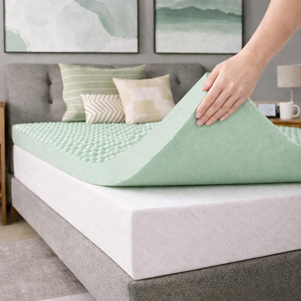 greaton, 1-inch convoluted high density foam mattress topper, certipur-us certified for superior comfort and support, full, green full-1"