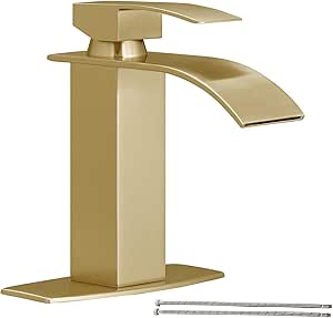 Hoimpro Gold Single Hole Waterfall Spout Bathroom Faucet,Single Handle Bathroom Vanity Sink Faucet with Deck Plate, Brass/Brushed Gold (1 Hole)