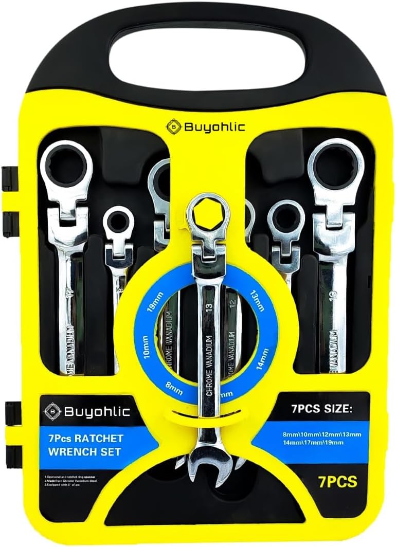 BUYOHLIC 7-Piece Flex-Head Metric Ratcheting Wrench Set Metric 8 to 19mm Standard Spanners CR-V Steel with Organizer Rack