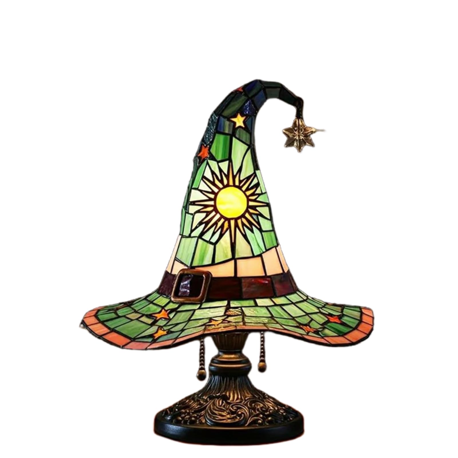 Witch Hat Lamps, Handmade Gothic Lamp with Stained Glass & Mystical Charm, Wizard Hat Shape Nightstand Night Light for Wiccans, Halloween Lovers, Bedroom Party and Home Decor (Green)