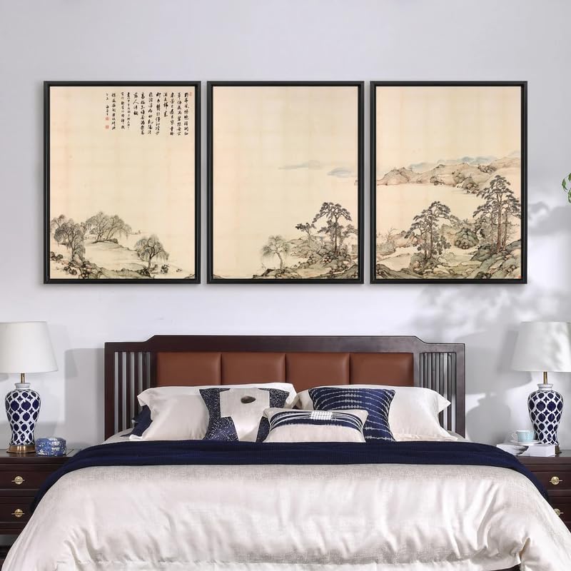 Affiche Japonais triptyque du lac Biwa par Nukina Kaioku, set de 3 posters A4 pour décoration murale
