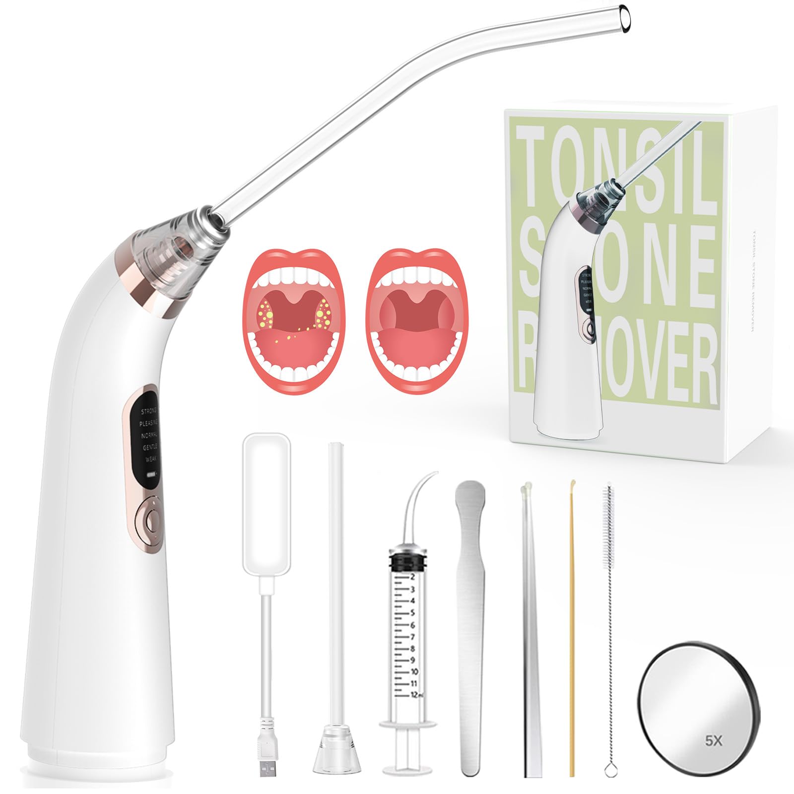 Kit de Nettoyage d’amygdales, Aspirateur électronique pour enlever les amygdales, kit de retrait de pierres amygdales avec 5 modes d'aspiration, outil de retrait des tonsillolith, upgrade