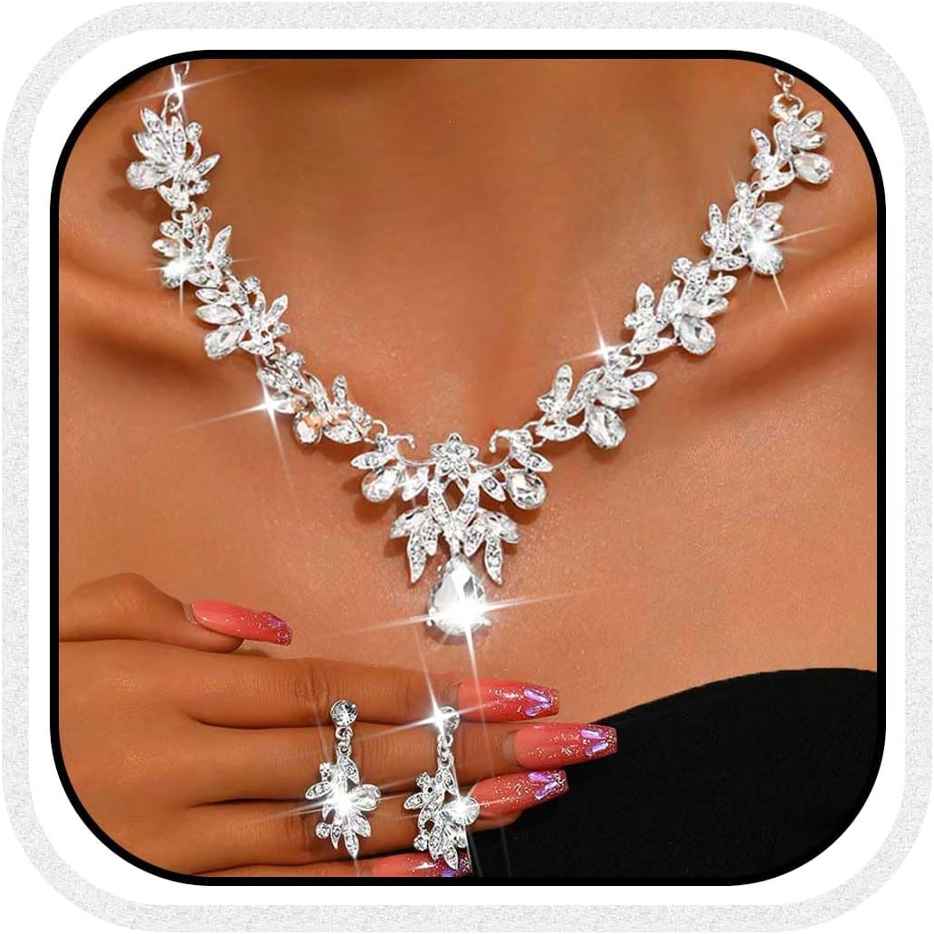 Unicra Rhinestone Bridal Wedding Jewelry Sets Gold Necklace Earrings Set Leaf Prom Formal Costume Jewelry Set for Women and Brides