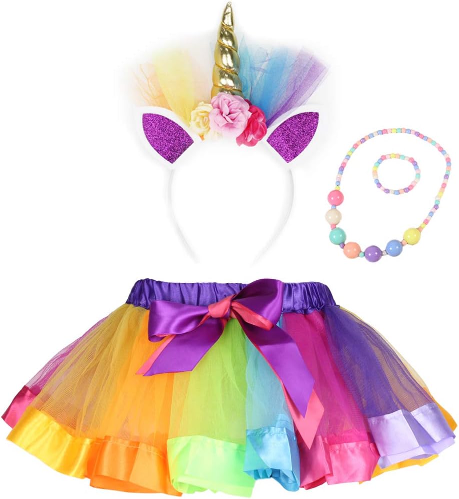 Girls Layered Rainbow Tutu Skirt with Unicorn Horn Headband (Rainbow, M)