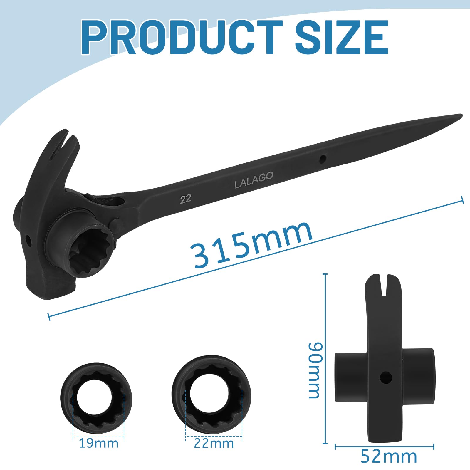 lalago 2pcs Cliquet d'Échafaudage 4 en 1, Clé à Cliquet Réversible 19/22 mm Droite/Gauche, Conique Crécelle en CR-V avec Marteau Arrache-Clous et Pointe de Centrage Noir pour Démontage de Voiture