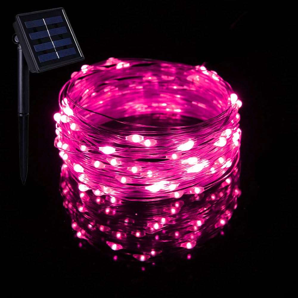 Treer Solar Outdoor Fairy Lights, Solar Powered Copper Wire Garden Lights, Outside IP65 Waterproof Garden Ornaments Outdoor LED String Lighting for Wedding Yard Patio (Pink,22m)