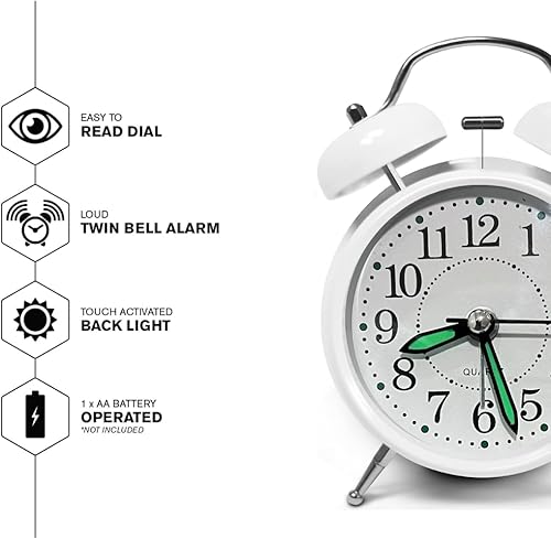 Miniatura 4 de Reloj despertador de campana doble de 3 pulgadas, alarma fuerte, aspecto retro, vintage, antiguo, ideal para durmientes pesados, sin tictac, reloj