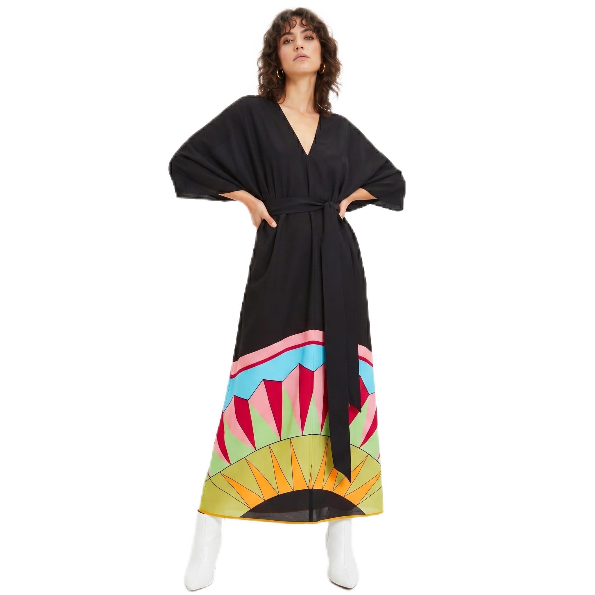 Multicolour Geometric Print Kaftan, Relaxed Fit, Half Sleeve, Free Size, Satin, Women's Beach Resort Wear-image-39