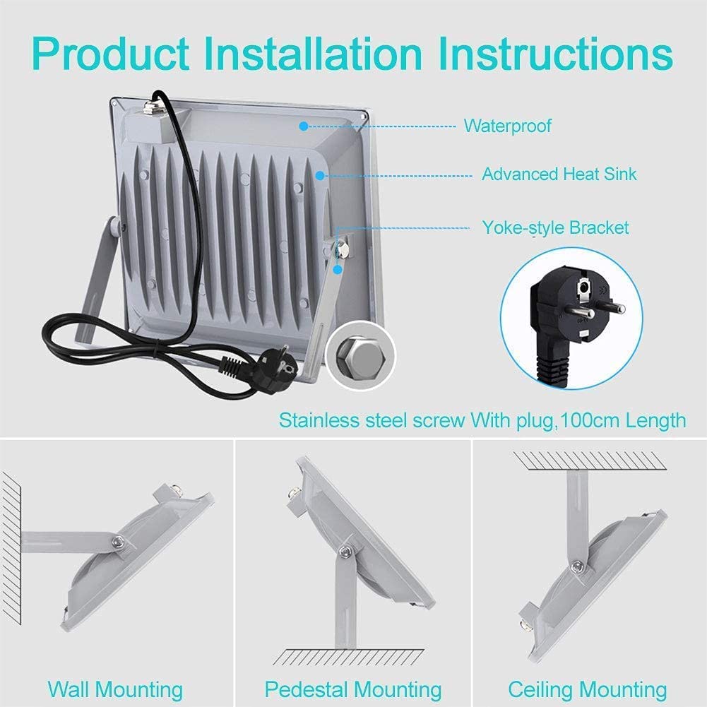 papasbox Proiettore LED Esterno 100W, 10000LM Luce Bianca Fredda 6500K, IP65 Impermeabile Faretto LED con Spina, Super Brillante per Giardino, Terrazza, Fabbrica, Parcheggio, Cantiere