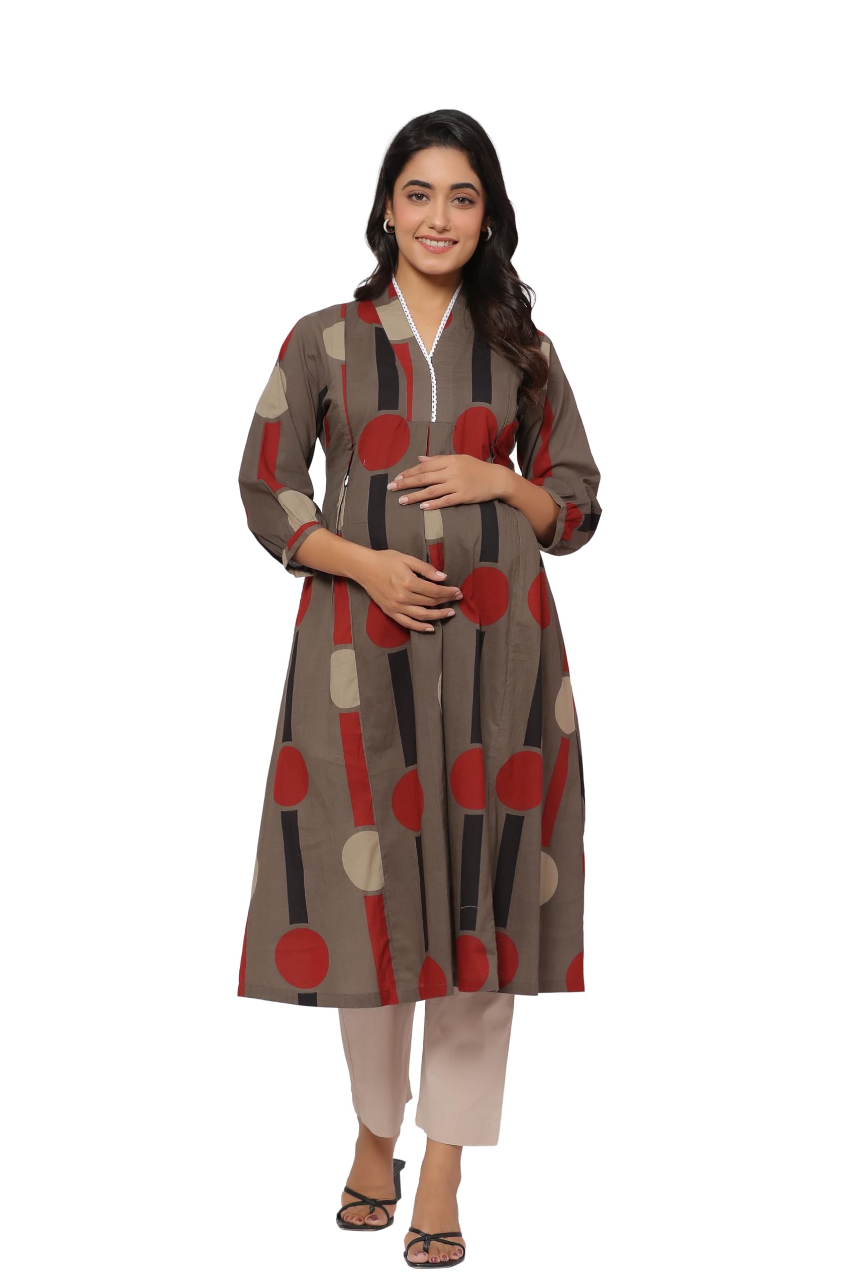 Pre & Post Maternity/Nursing Wear Hand Printed Kurta Cum Midi Dress/Nighty with Both Sides Zipper Easy Feeding to Be Moms & Nursing Mothers Cotton Mocha-image-2