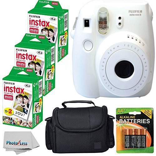 Fujifilm Instax Mini 8 Instant Film Camera (White) with Fujifilm Instax Mini 6 Pack Instant Film (60 Shots) + Compact Bag Case + Batteries Top Kit - International Version (No Warranty)