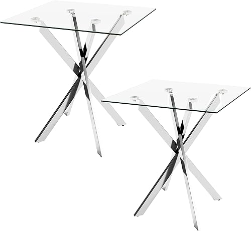 Juego de 2 mesas auxiliares pequeñas con patas cromadas, mesa auxiliar cuadrada de vidrio templado moderna para sala de estar, sofá, habitación,