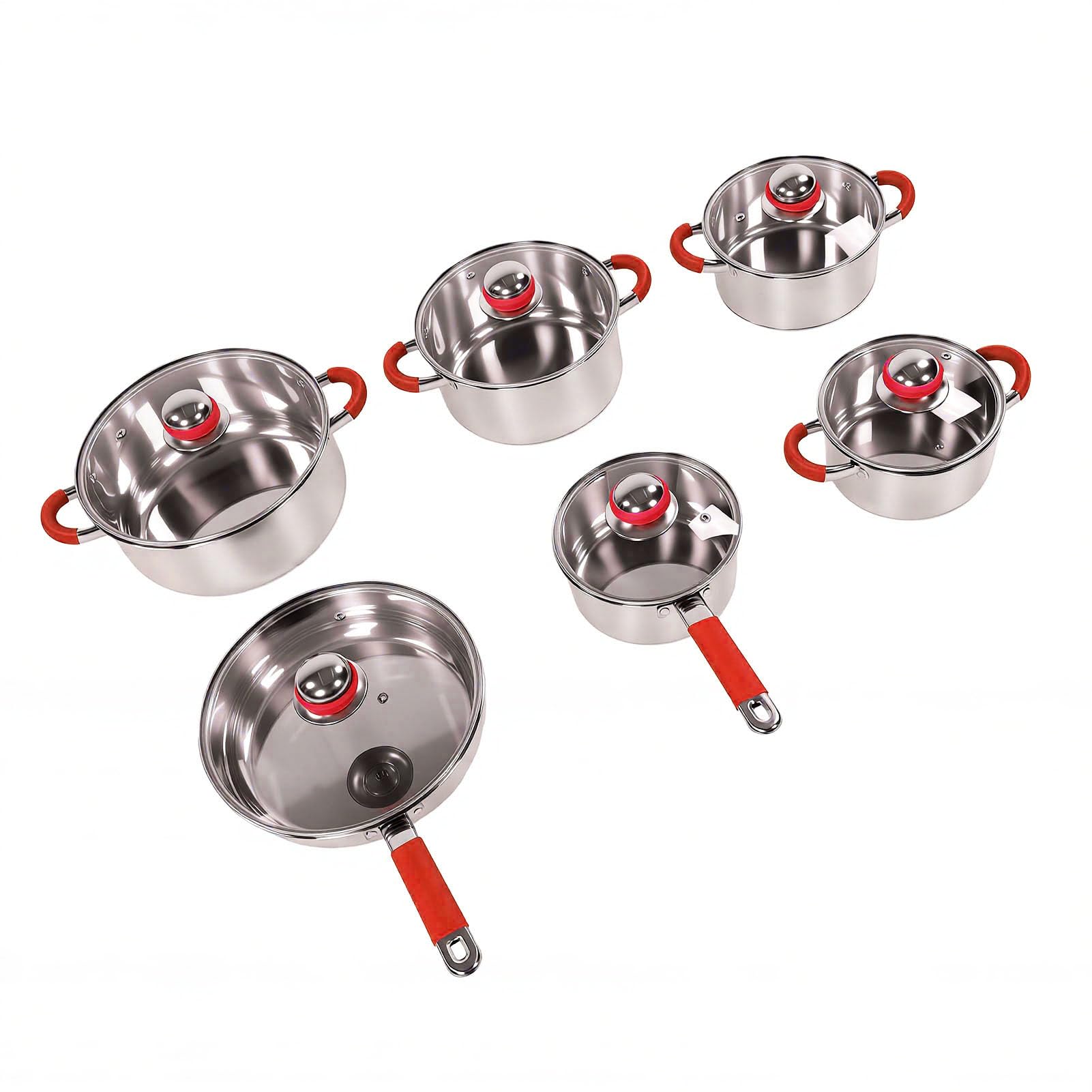 Ausla Juego de Utensilios de Cocina de Acero Inoxidable de 6 Piezas, Ollas y Sartenes con Base de Triple Capa y Tapas de Vidrio, Compatibles con Todas las Estufas, Utensilios de Cocina para Cocción