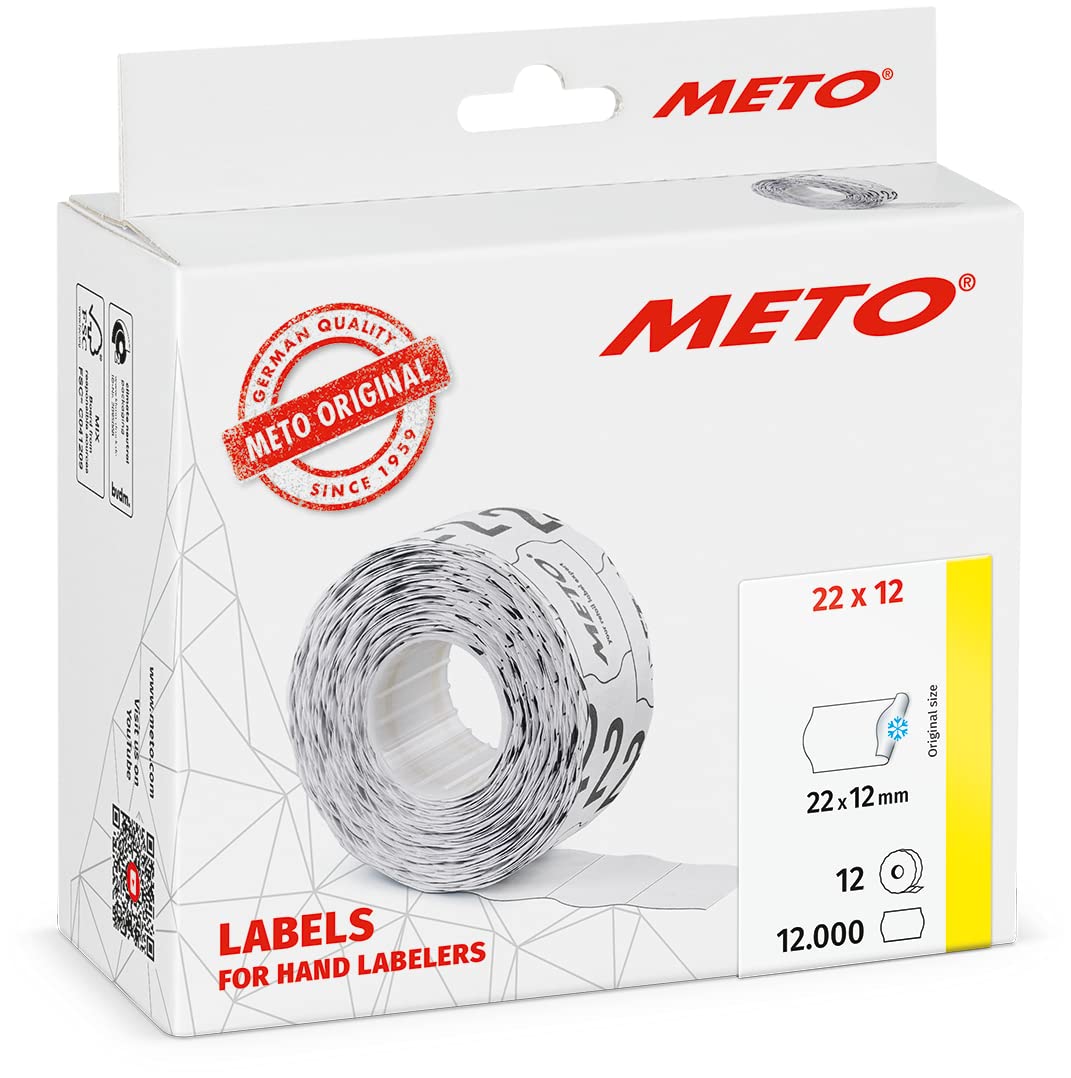 Meto Price Gun Labels (22×12 mm, Single-line, 12,000 Labels, White, Multifunctional Permanent and deep-Freeze, for METO, Contact, Sato, Avery, Tovel, Samark etc.)