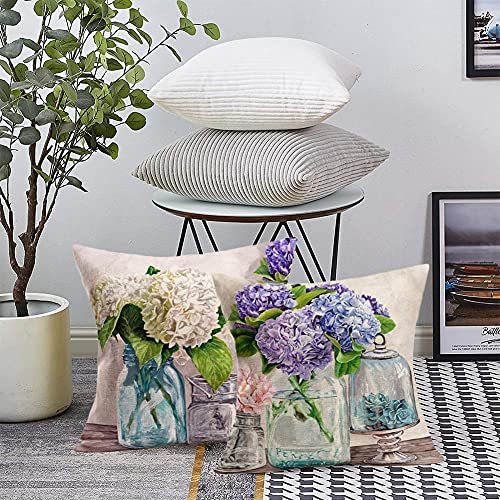 Qinqingo 4 Pack Vintage Romantic Flower Throw Pillow Covers French Style Hydrangea Flowers With Dragonfly Print Decorative Pillow Case Cotton Linen Rustic Farmhouse Pillow Case 18X18 Inch #TOP2
