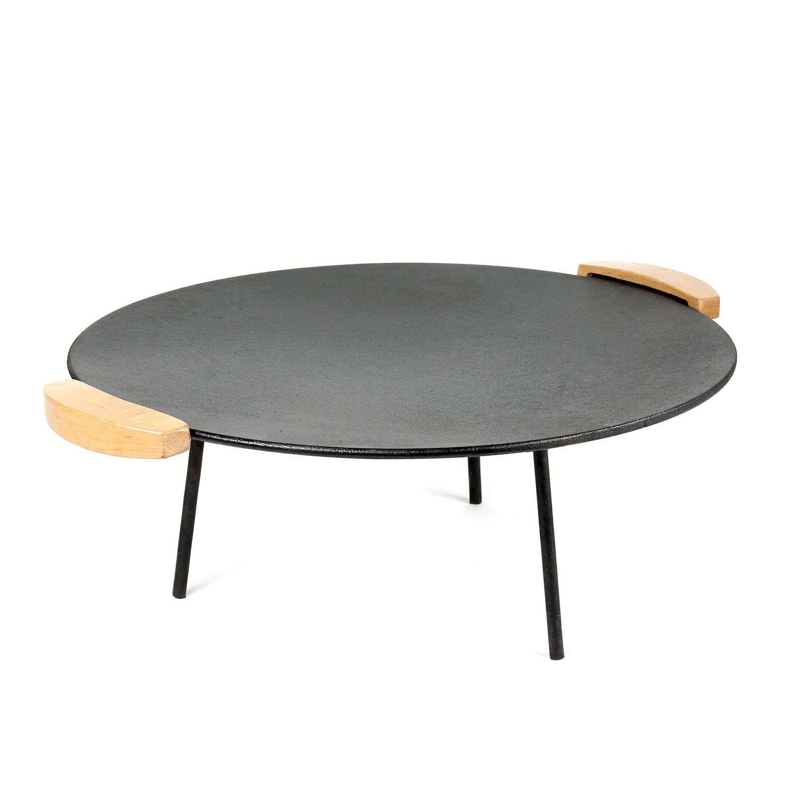 Wiltec Piastra per barbecue fuoco in ghisa, liscia, rotonda Ø44cm altezza 44 cm manici in legno piedi 20 e 32cm