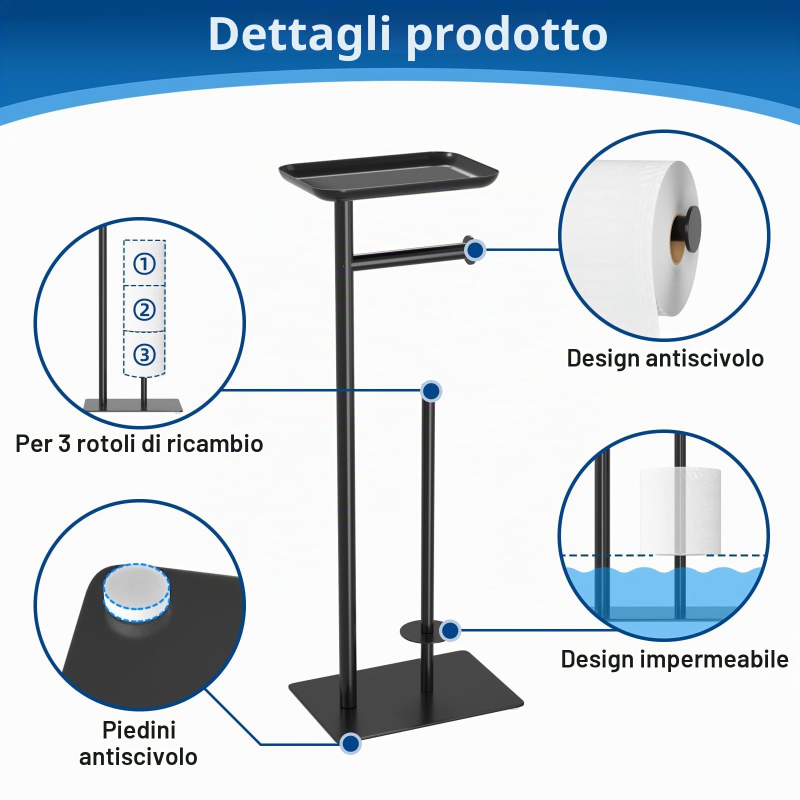Portarotolo carta igienica da terra con ripiano superiore, contiene 4 rotoli, dispenser di carta igienica da bagno in acciaio inossidabile