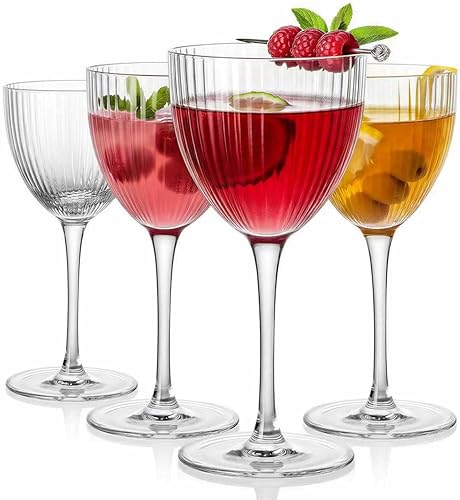 Miniatura 10 de Nick and Nora - Vasos de cóctel - Vasos de Martini rosa, juego de 4 vasos de cupé acanalados, 5 onzas, regalos para el día de San Valentín para