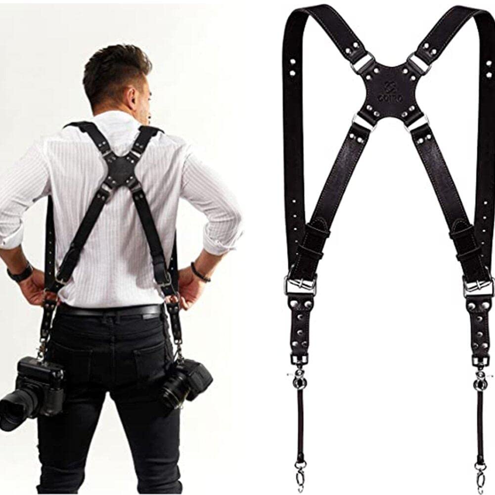 Cinta di Fotocamera in Pelle a Doppia Spalla Professionale con Dettagli del Rivetto - Spalla Regolabile E Resistente per Fotocamere Digitali