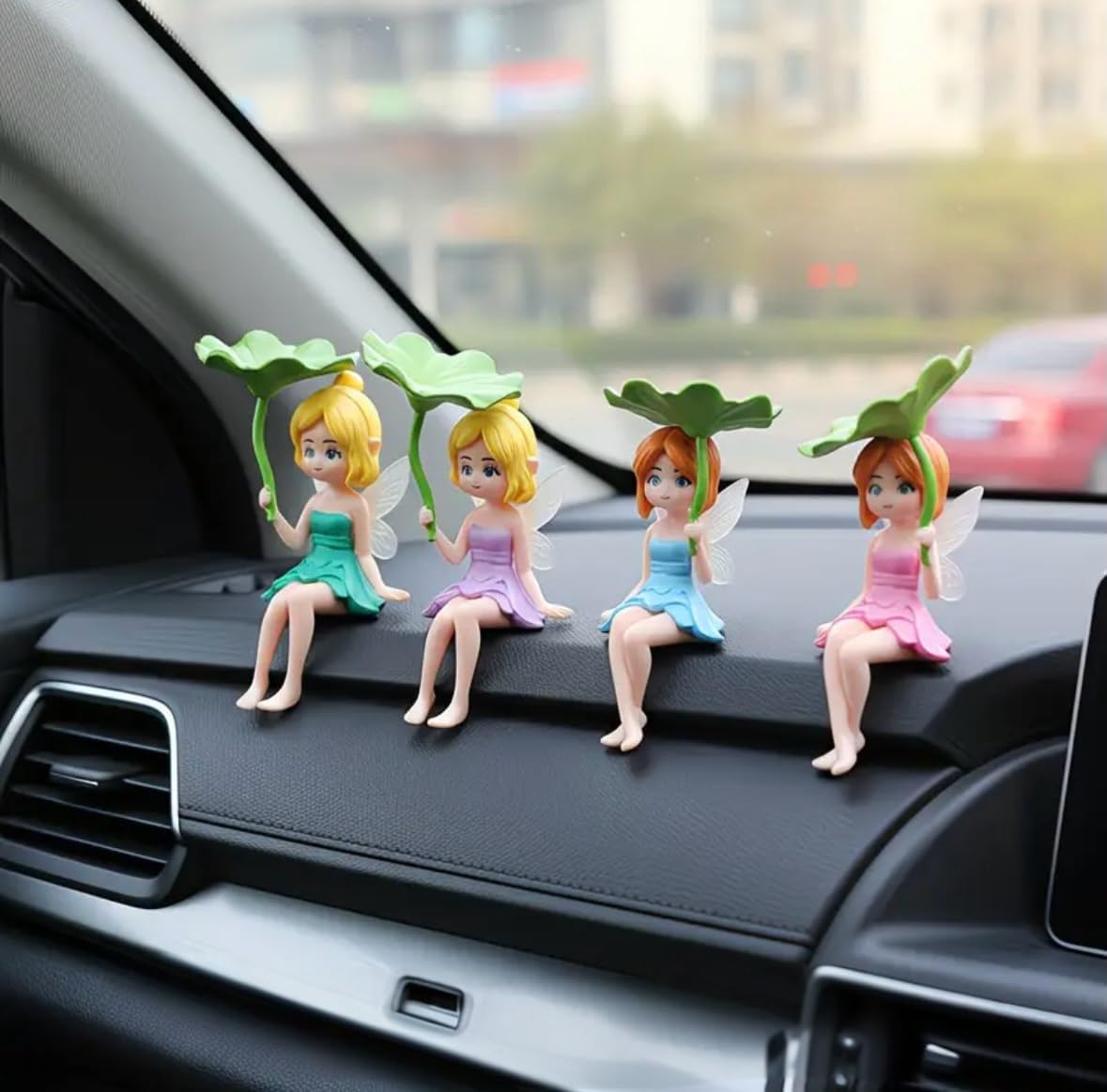 4 Pc Lotus Leaf Girl Figurines Set for Car Dashboard Decor & Tabletop Decoration | Cute Miniature Showpiece for Home, Office Desk, Living Room | Valentine Gift Item for Girlfriend or Wife