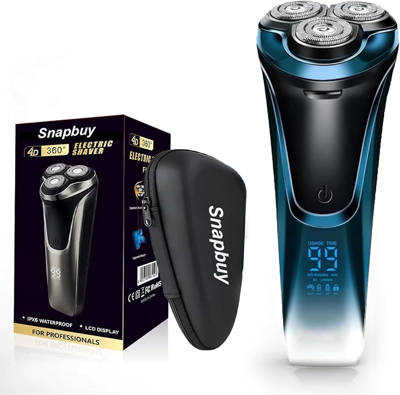 Barbeador elétrico rotativo Snapbuy para homens, sem fio, uso úmido e seco, sistema de lâminas flutuantes 4D, carregamento USB-C, 90 minutos de autonomia, azul