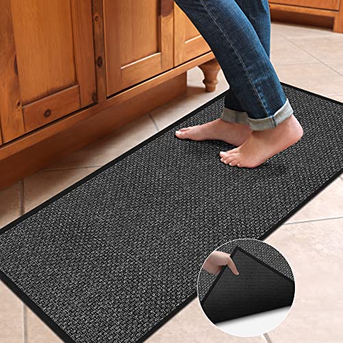 GOYLSER Rubber Kitchen Mats for Floor Non Skid, Jute Weave Washable Long Hallway Runner Rug Laundry Runner, Absorbent Kitchen Rug Sink Floor Mat, Black