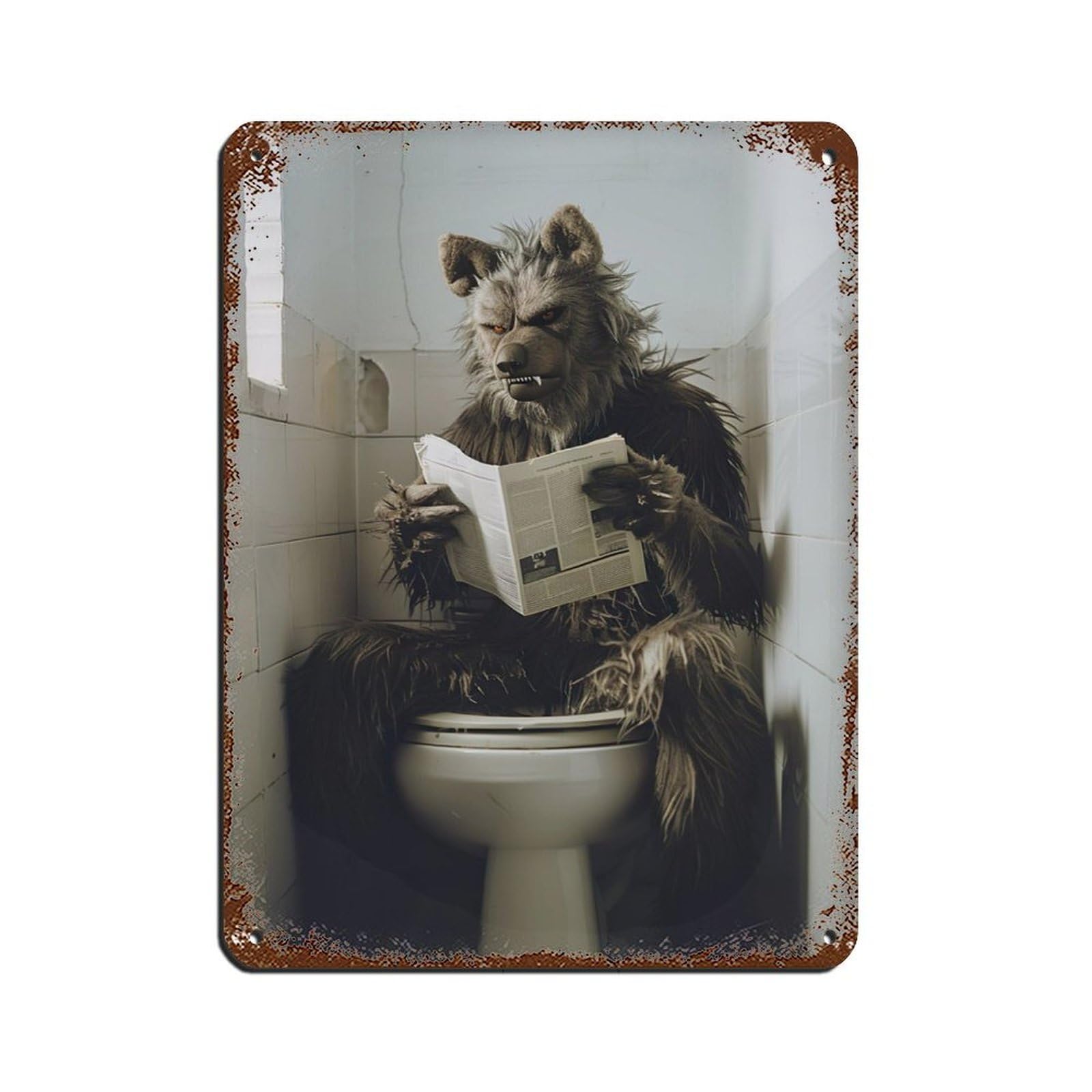 Werewolf Sitting on The Toilet Reading A Newspaper (6) Tin Sign Vintage Metal Pub Club Cafe Bar Home Wall Art Decoration Poster Retro 12x16inch(30x40cm)