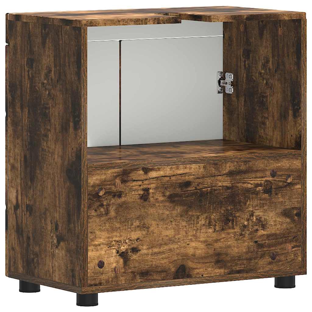 Tulum - Juego de lavabo para baño (roble ahumado, 60 x 34 x 63 cm, material de madera mate, muebles de baño con espacio de almacenamiento, moderno y duradero, para baños pequeños y