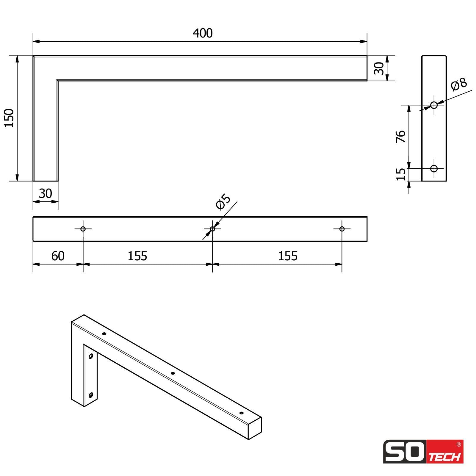 SOTECH Juego de 2 consolas de pared en forma de L (400 x 150 x 30 mm, acero inoxidable cepillado), consolas de estantería de alta calidad para montaje en pared, especialmente adecuadas para proyectos