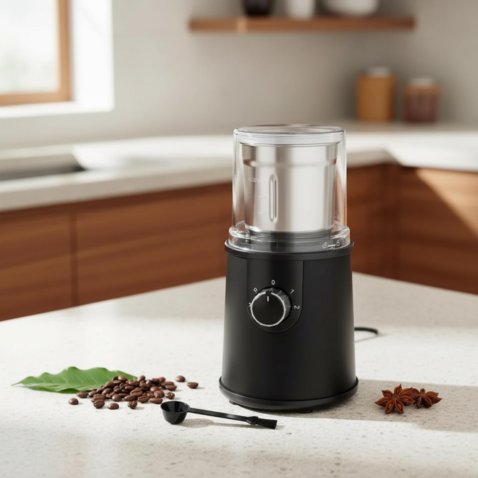 Tapa Transparente Cuchara Medidora Electrodoméstico Molinillo para Café y Especias, Negro, 220V Estándar Europeo