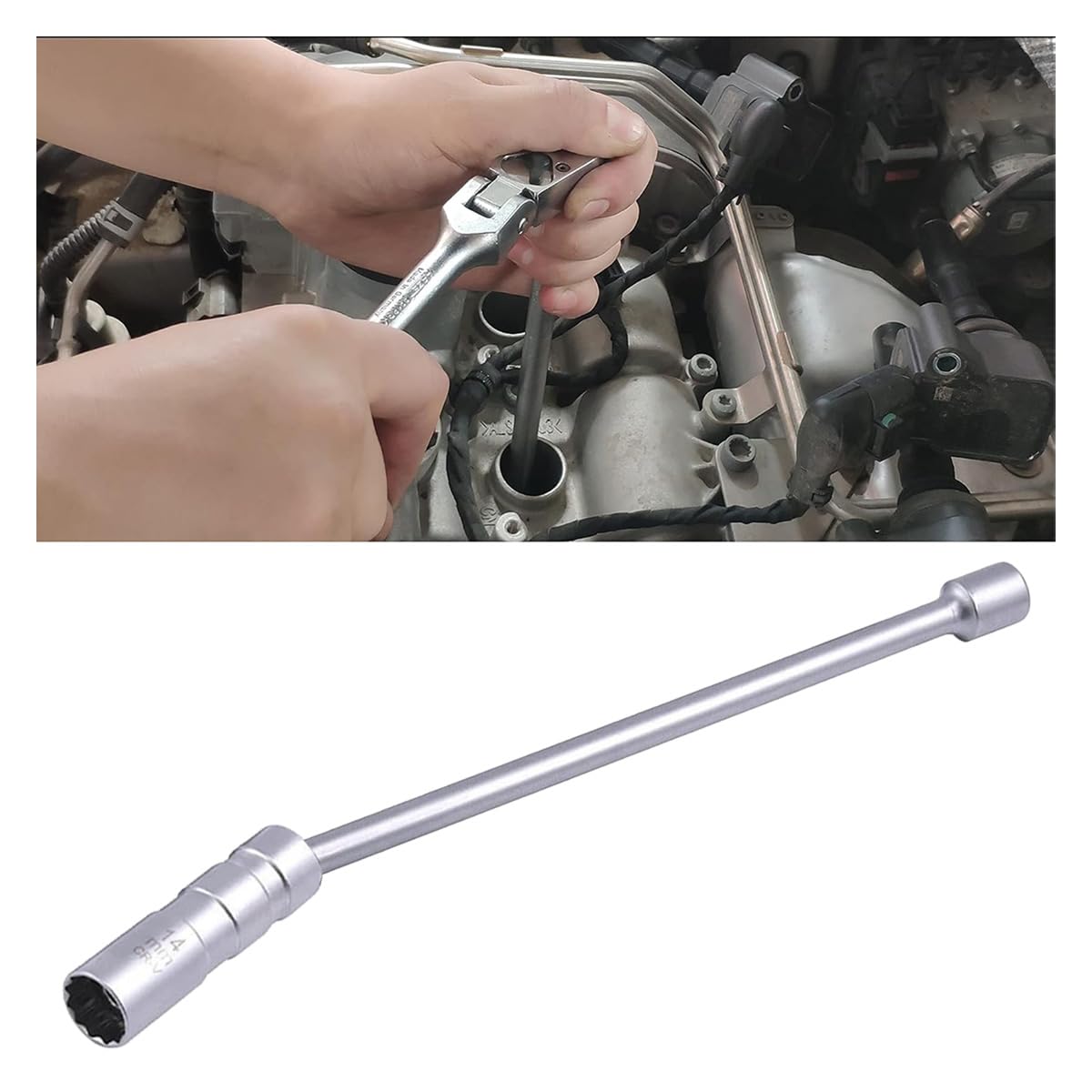 14mm Magnetic Swivel Spark Plug Socket, Thin Wall 3/8 Inch Drive x 12" Extension 12-Point Standard Spark Plug Socket Removal Tool 360-degree Rotation, Suitable for Most Car Models