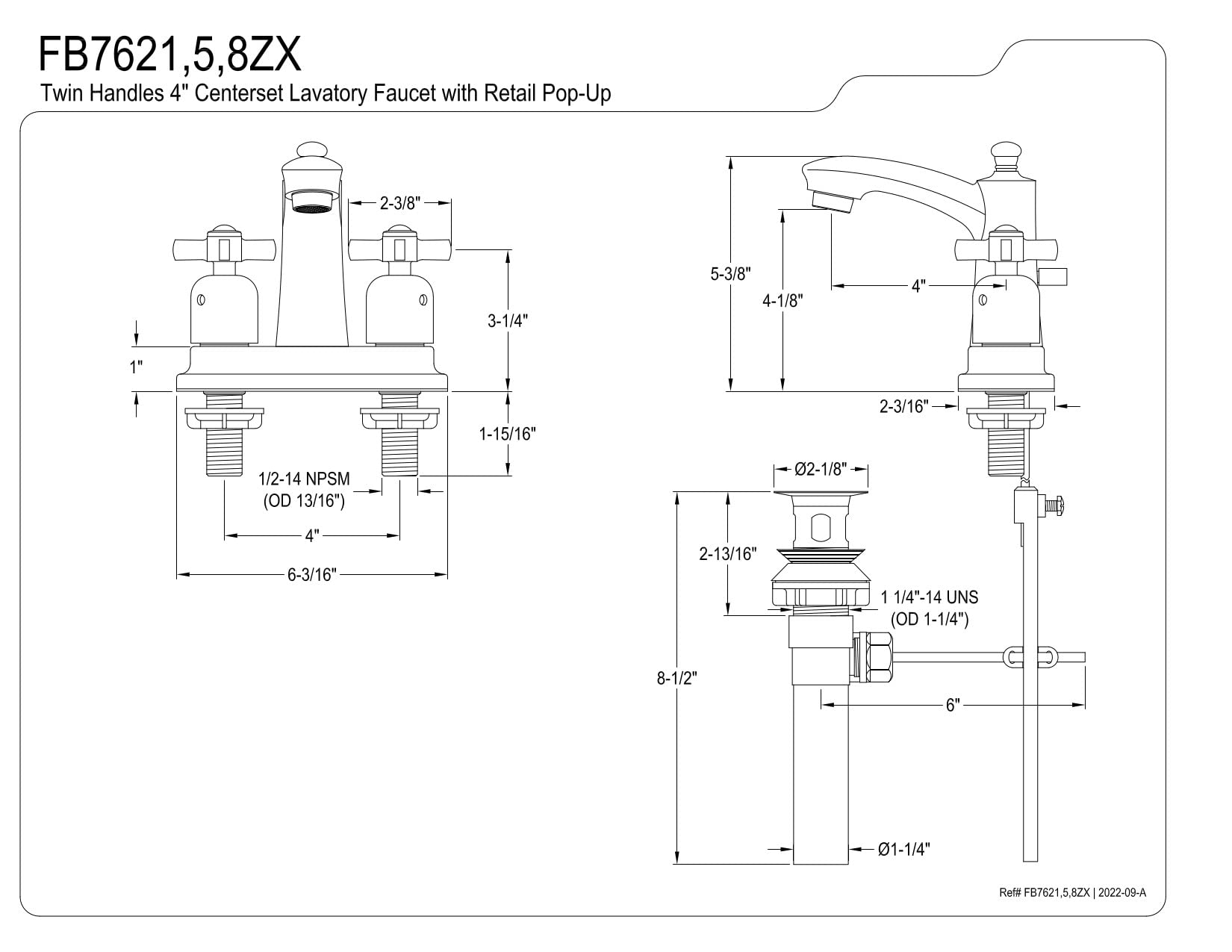 Kingston Brass FB7621ZX Millennium - Juego de llaves de lavabo de 4 pulgadas, FB7621ZX