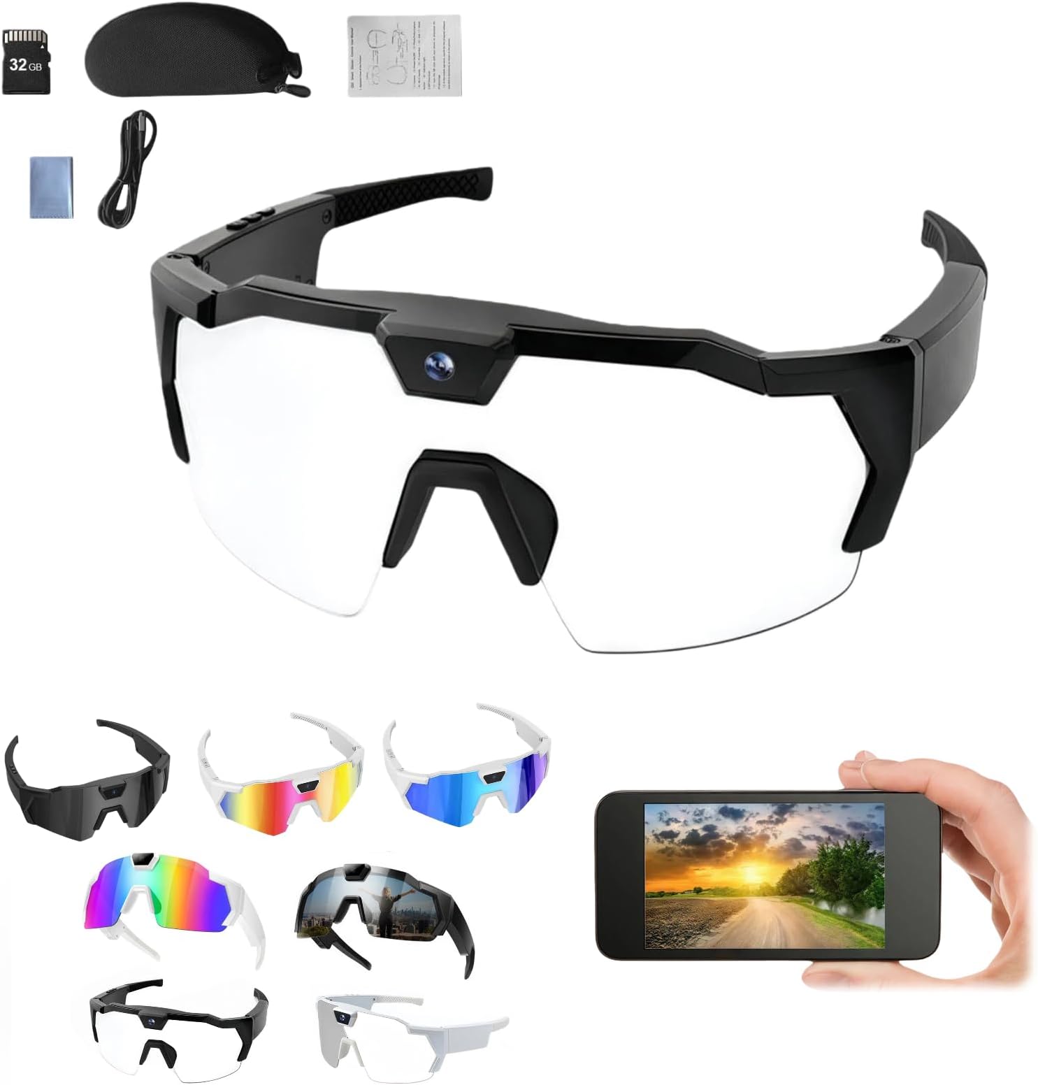 Smart Glasses with Camera, 4K HD POV Smart Baseball Sunglasses Lightweight Video Recording Glasses with Camera Audios Outdoor Sports Action Sunglasses for Men Women 32/64/128GB SD Card (F, 32GB)