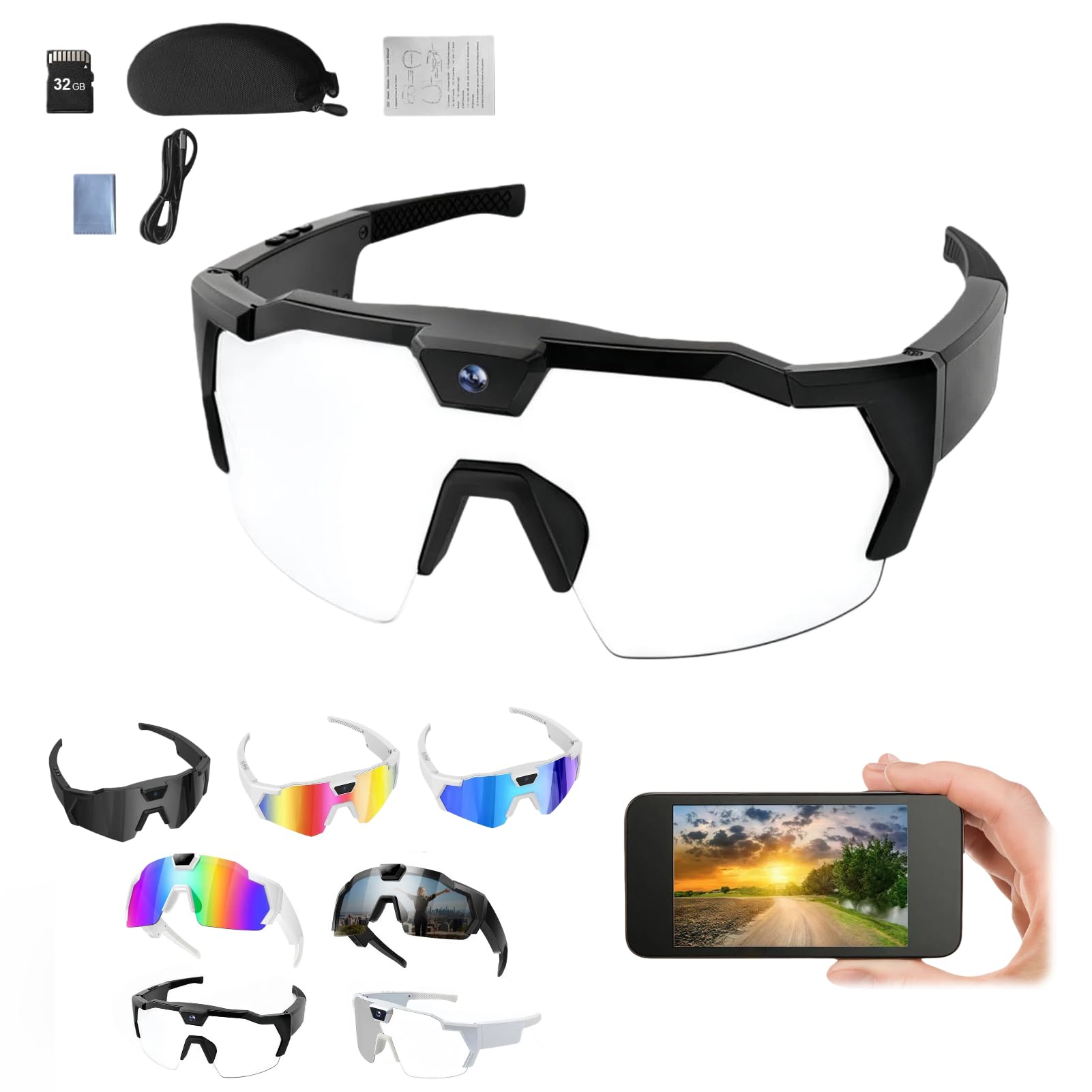 Smart Glasses with Camera, 4K HD POV Smart Baseball Sunglasses Lightweight Video Recording Glasses with Camera Audios Outdoor Sports Action Sunglasses for Men Women 32/64/128GB SD Card (F, 32GB)