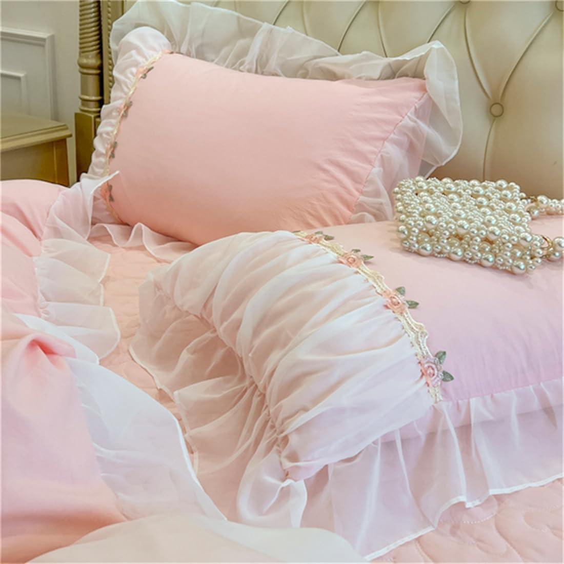 MOOWOO Pink Bedding-Romantic Ruffle Lace Bedding Set 3 Piece Comforter Queen Duvet Cover with Zipper Closure,Coquette Room Decor-Pink,Queen Size