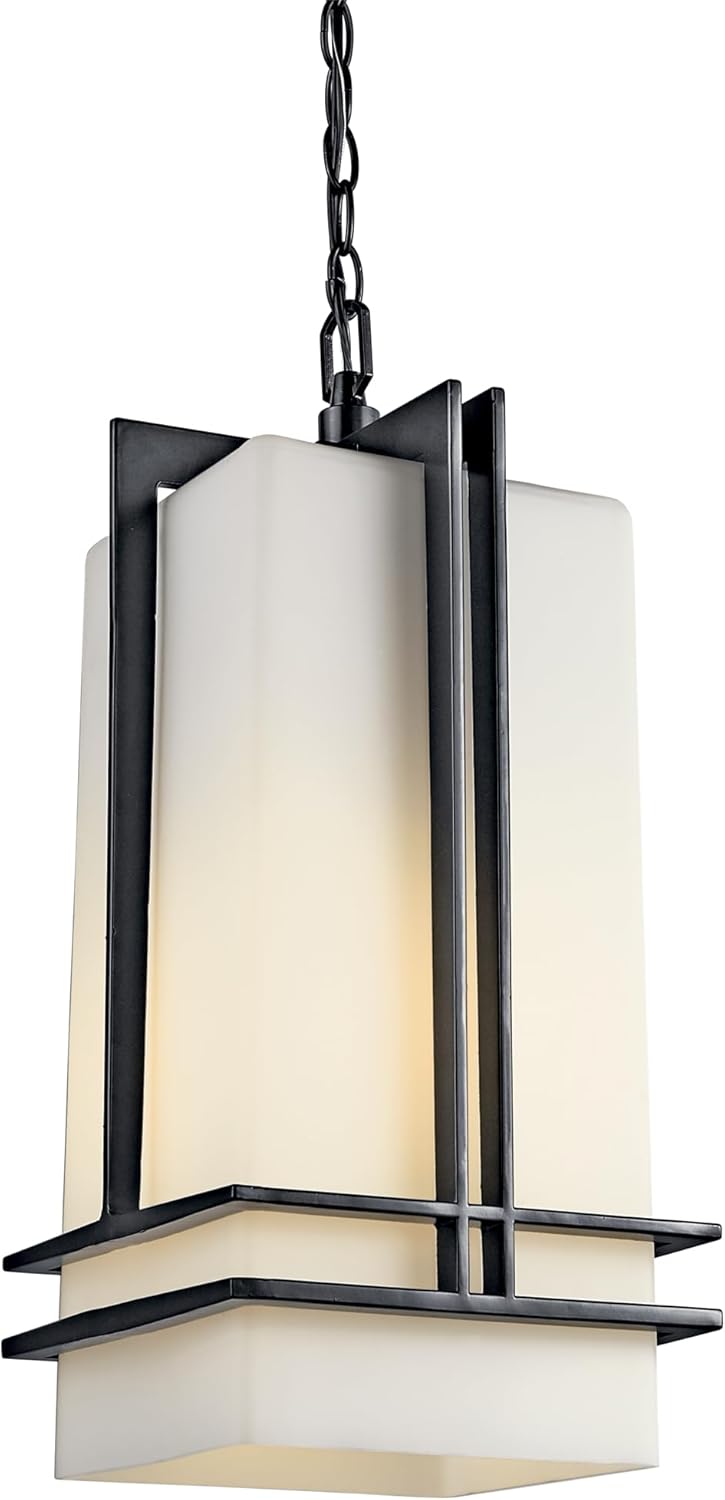 Kichler Tremillo 17" Outdoor Pendant Hanging Light in Black, Exterior Porch Light with Satin Etched Cased Opal Glass, (17" H x 6.5" W), 49205BK