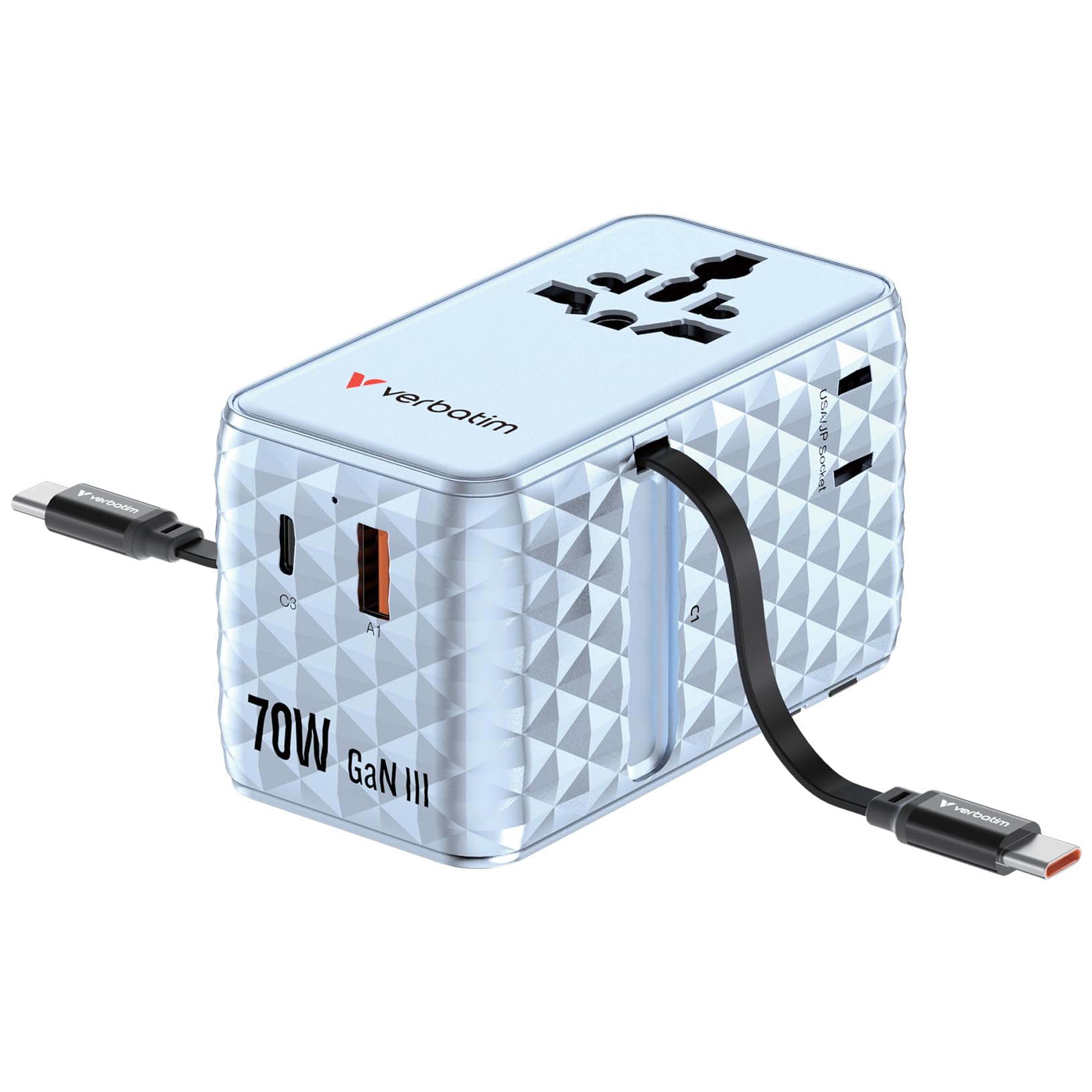 Verbatim GaN - Adattatore da viaggio 70 W, blu, con 2 cavi integrati e USB-C, USB-A, 2 connettori USA/JP, caricatore rapido universale per laptop, smartphone e molto altro ancora, utilizzabile in