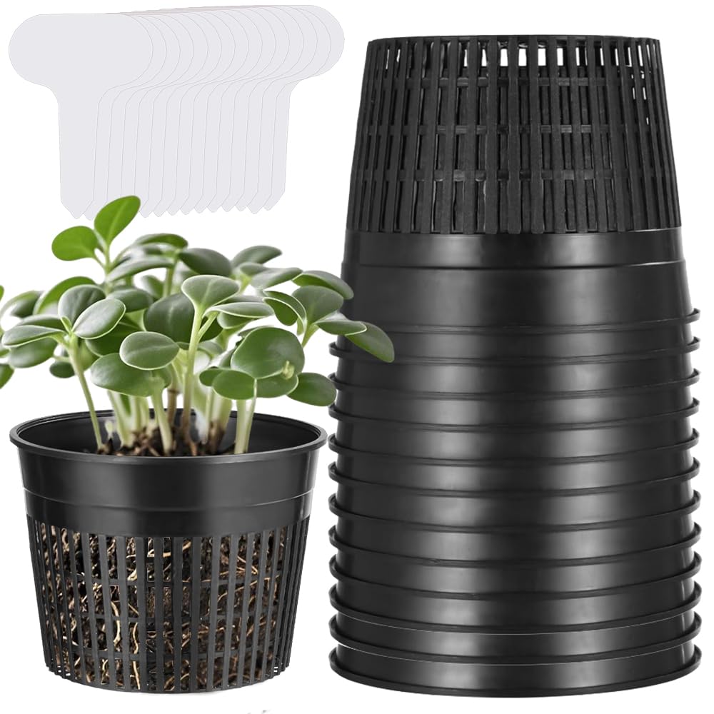 Lot de 12 pots en filet pour culture hydroponique, seau hydroponique de 15,2 cm, pots de jardin en maille fendue avec étiquettes pour plantes pour culture hydroponique, démarrage de