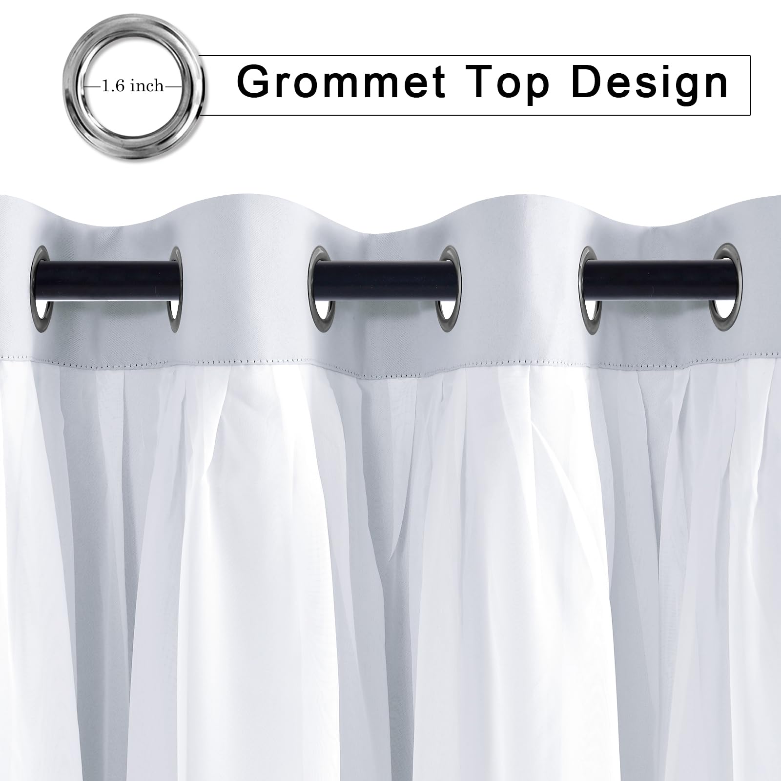 Hiasan Greyish White Blackout Curtains with Sheer Overlay, Grommet Thermal Insulated Mix & Match Double Layer Window Curtains for Bedroom, Living Room, 2 Drape Panels Sewn with Tiebacks, 52W X 84L