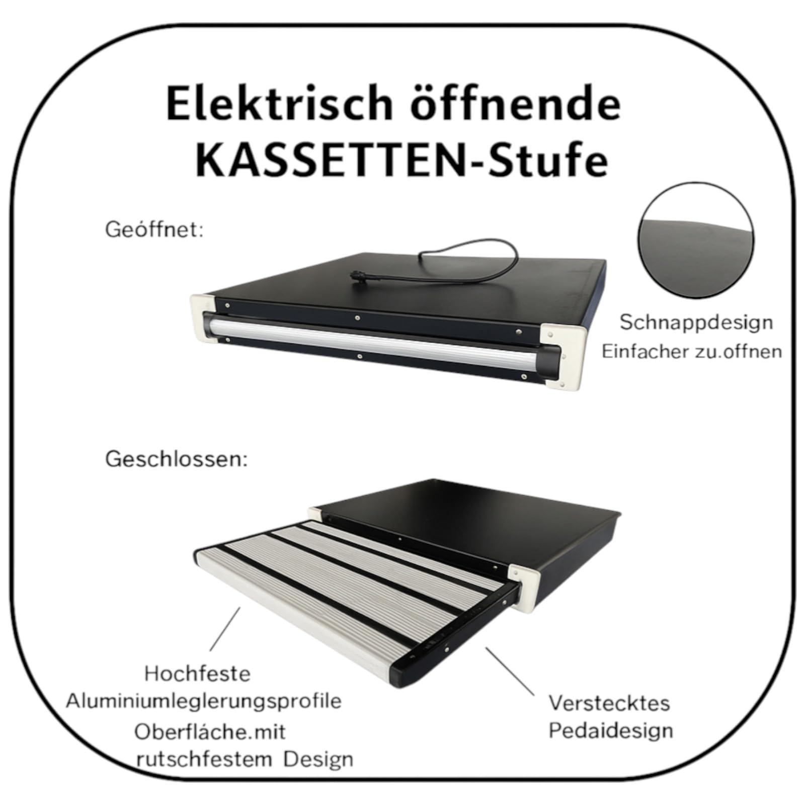 SWISS OUTDOOR Kassettentrittstufe elektrisch 12V – Einstiegshilfe Wohnmobil Van Camper – Aluminiumtritt 600 mm – Unterflur-Montage – automatisch ausfahrbar – rutschfest & belastbar bis 200 kg
