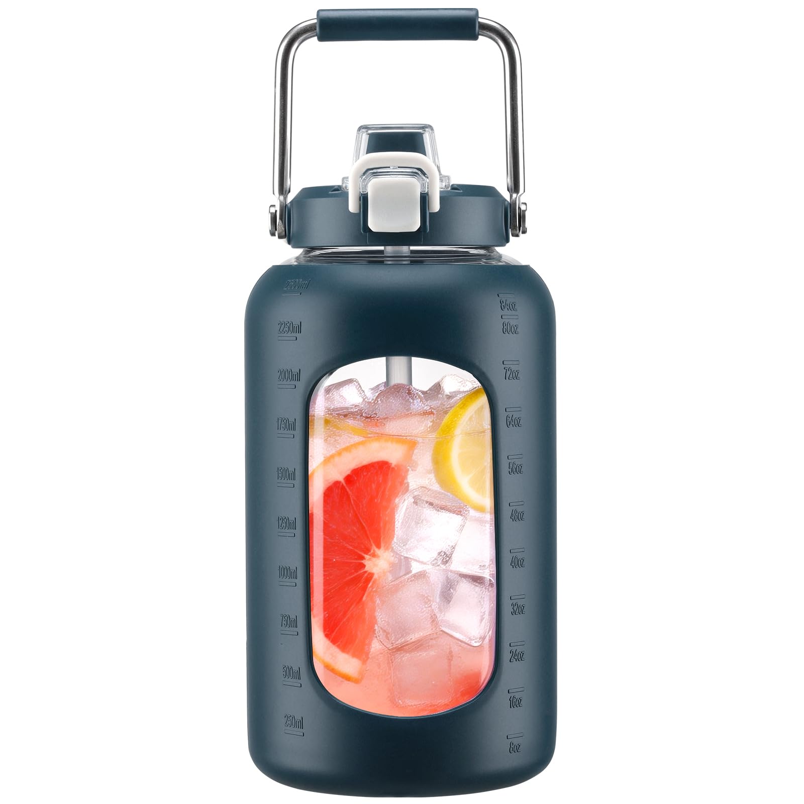 WINSA 84 oz Glass Water Bottle with Straw, Dark Blue, 2.5 Liter